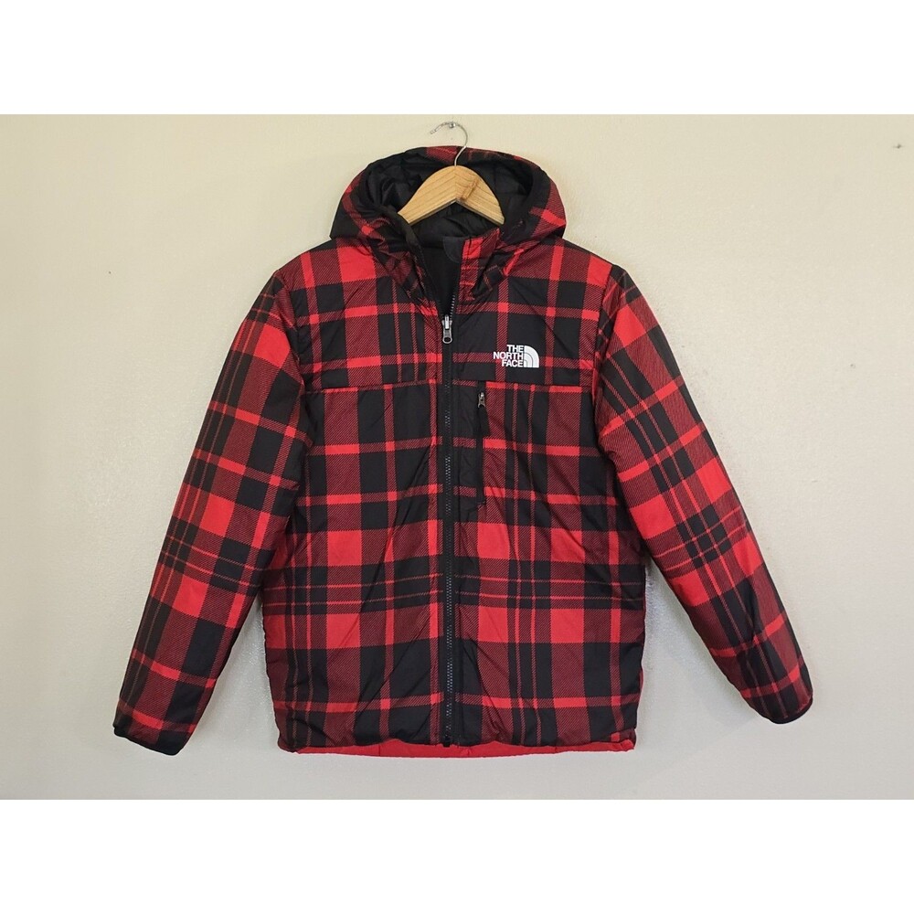 The North Face Perrito Reversible Jacket Red Black Plaid Hooded Boys L 14/16 - Picture 3 of 15